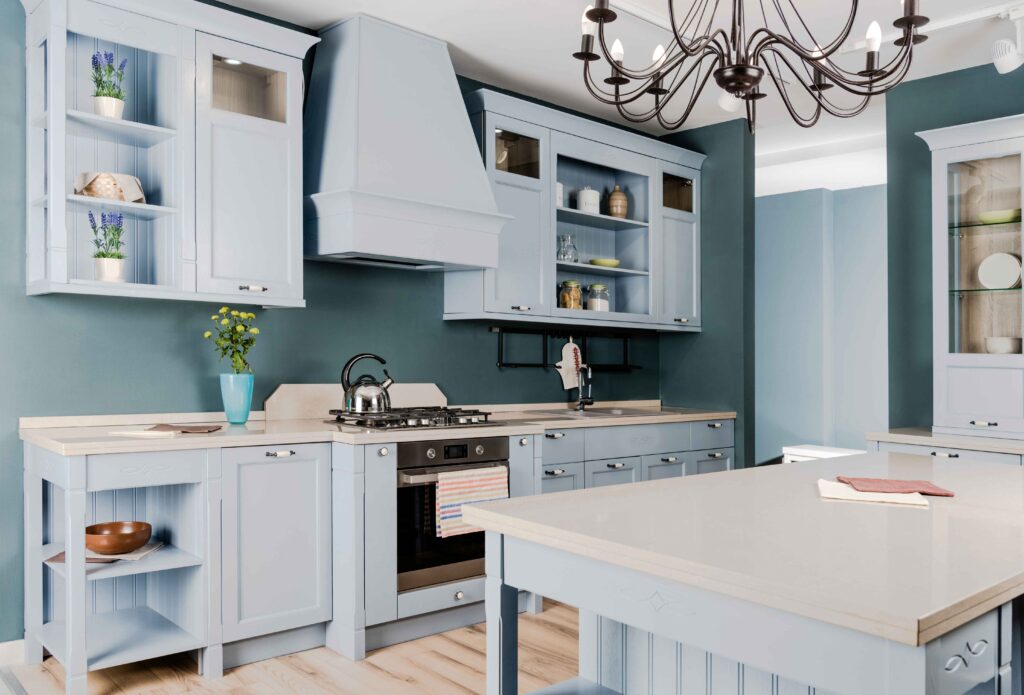 modern kitchen in a blue painting